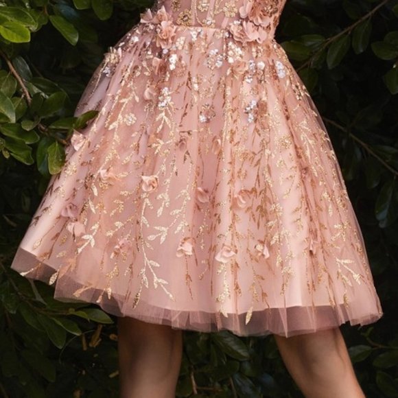 NEW ROSE GOLD A-LINE SHORT OFF THE SHOULDER SEQUINED DRESS WITH OPEN BACK CD9243 - Picture 4 of 8